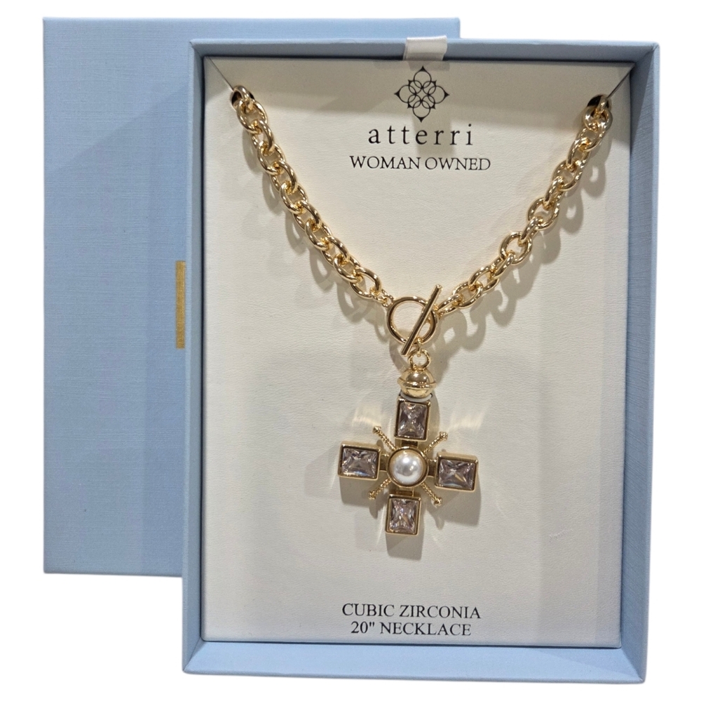 💛▪️Atterri ▪️Gold Cubic Zirconia Cross Pendant 20in Necklace